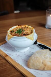 French Onion Short Rib Soup with Roscoff Onions and Gruyère